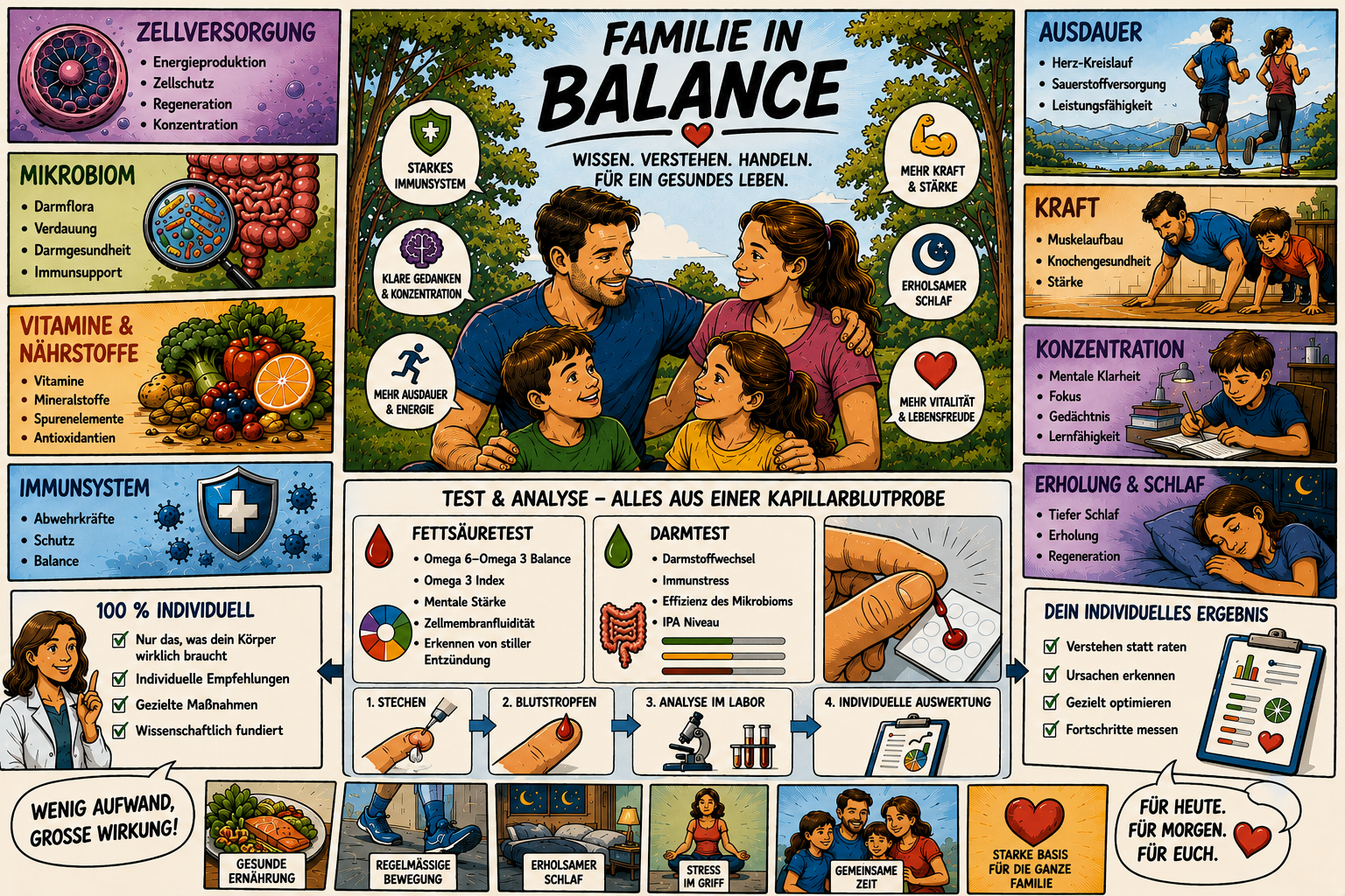 Familie in Balance – Infografik zu Zellversorgung, Mikrobiom, Vitaminen, Ausdauer, Kraft, Konzentration und Erholung