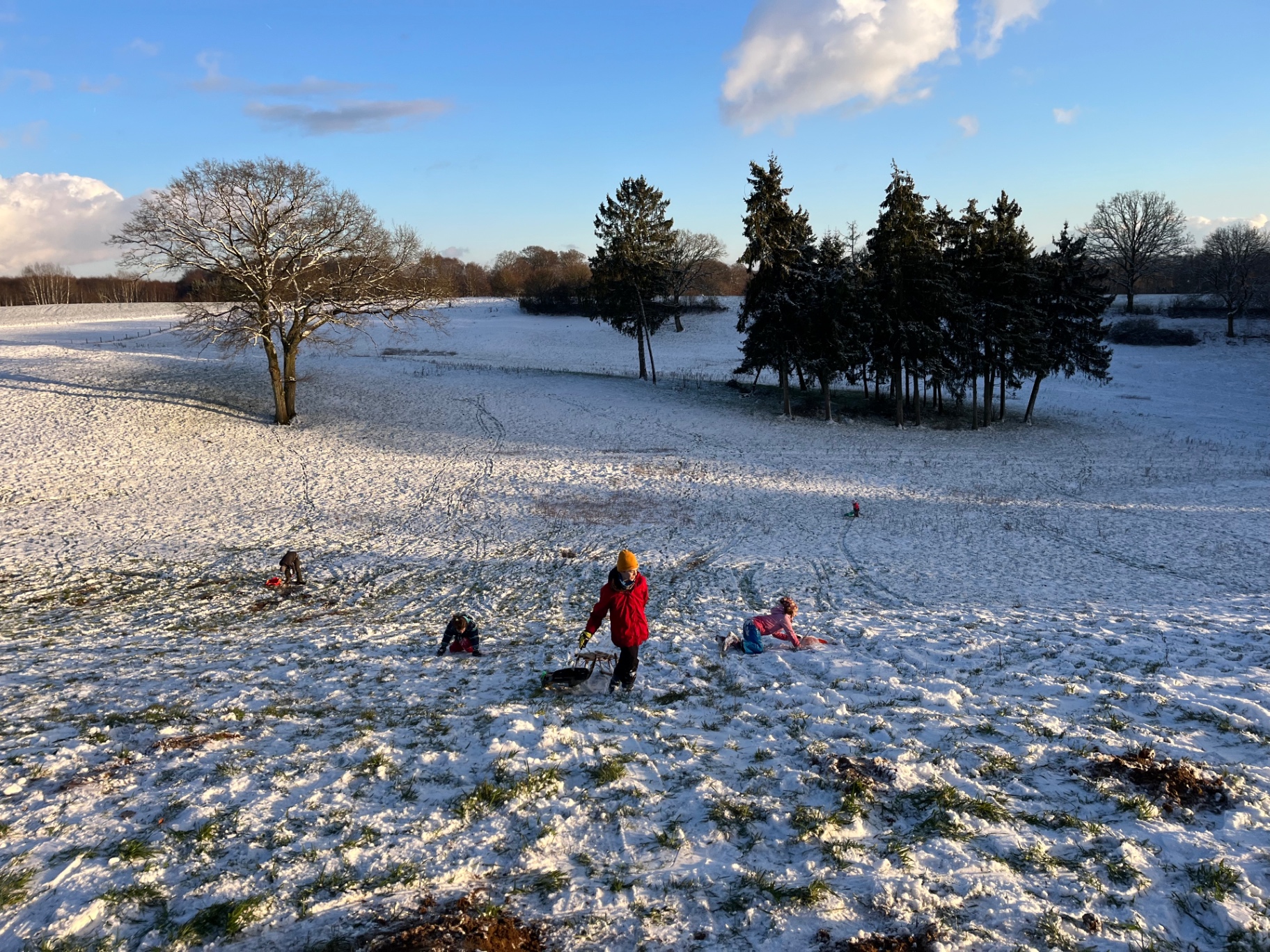 Kinder spielen im Schnee auf verschneiter Wiese